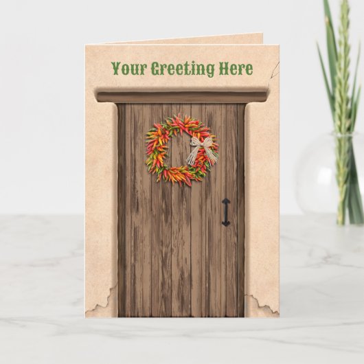 Southwest Chile Ristra Wreath on Rustic Wood Door Karte (Vorderseite)