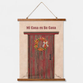 Southwest Chile Wreath on Rustic Red Wood Door Wandteppich Mit Holzrahmen