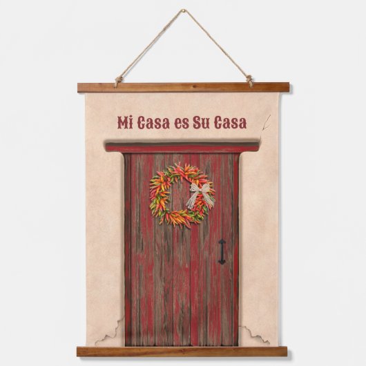 Southwest Chile Wreath on Rustic Red Wood Door Wandteppich Mit Holzrahmen (Vorderseite)