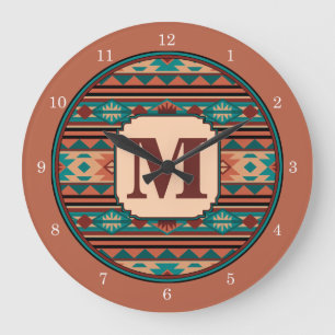 Southwest Design Turquoise Terracotta Monogram Große Wanduhr