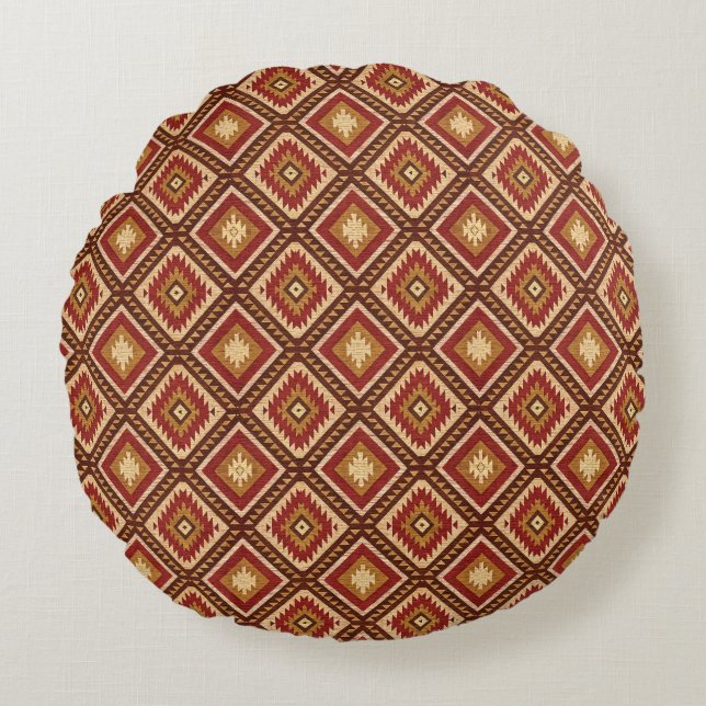 Southwest Diamond Rust Red & Beige Navajo Style Rundes Kissen (Vorderseite)