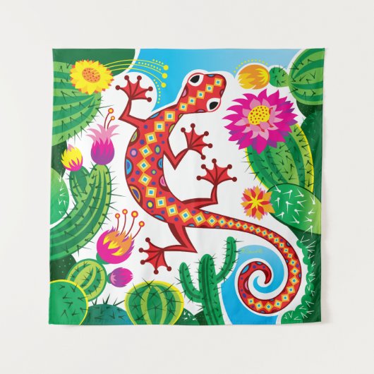 Southwest Gecko with Cactus Blossoms Wandteppich (Vorderseite)
