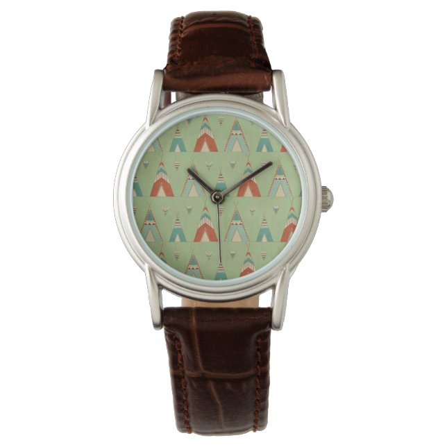 Southwest Geo Green Teepee Pattern Armbanduhr (Vorderseite)