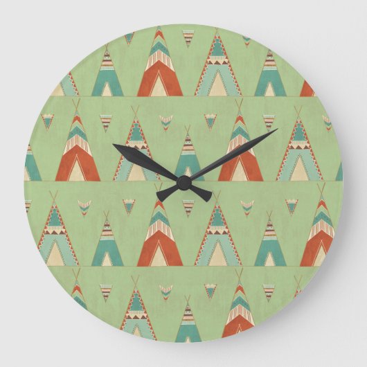 Southwest Geo Green Teepee Pattern Große Wanduhr (Vorderseite)