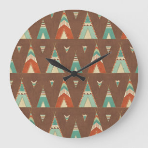 Southwest Geo Step   Teal Teepee Pattern Große Wanduhr