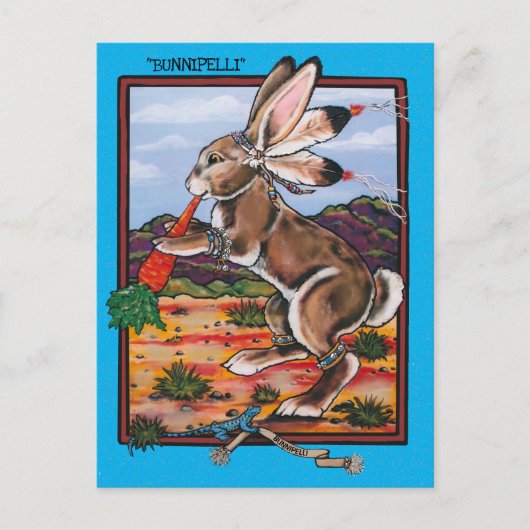 Southwest Kokopelli Bunnipelli Rabbit Whimsical Postkarte (Vorderseite)