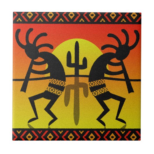 Southwest Kokopelli Cactus Tribal Design Fliese (Vorderseite)