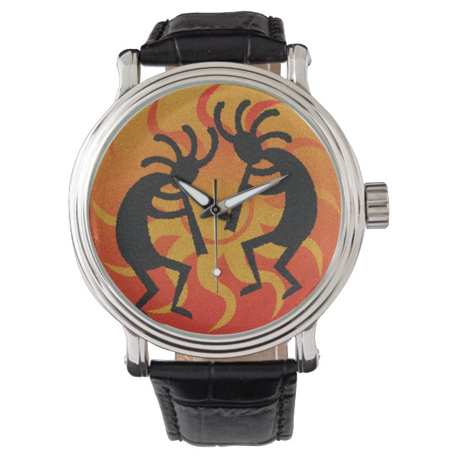 Southwest Kokopelli Orange Black Tribal Sun Armbanduhr (Vorderseite)