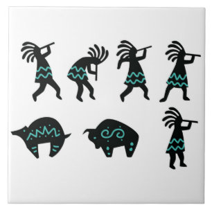 Southwest Petroglyh Blue Kokepli Keramik Tile Fliese