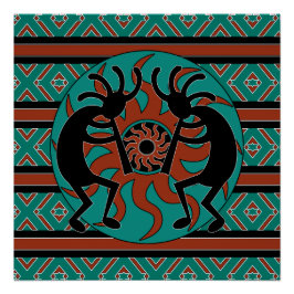 Southwest Turquoise Tribal Sun Kokopelli Poster