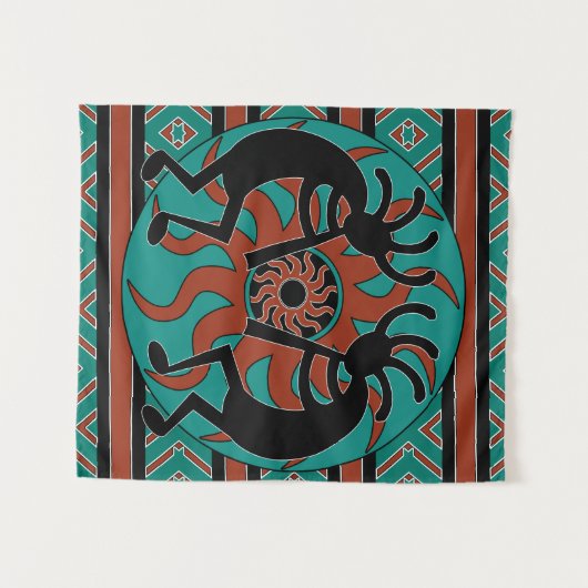 Southwest Turquoise Tribal Sun Kokopelli Wandteppich (Vorderseite (Horizontal))