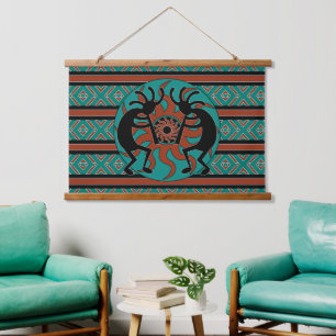 Southwest Turquoise Tribal Sun Kokopelli Wandteppich Mit Holzrahmen