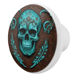 Southwestern Aquamarin Día De Muertos Sugar Skull Keramikknauf