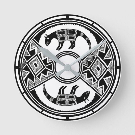 Southwestern Art Wolves Ancient Mimbres Potterie Runde Wanduhr (Vorderseite)