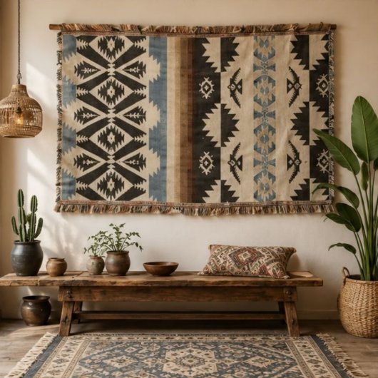 Southwestern Aztec Geometric Pattern in Black Decke