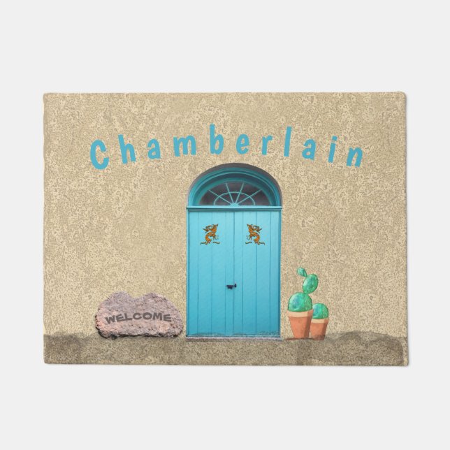 Southwestern Blue Doors Kokopelli Cactus Custom Fußmatte (Vorderseite)