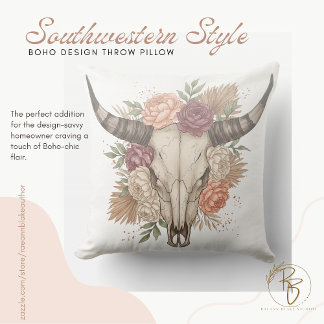 Southwestern Boho Design Bull Skull Throw Pillow Kissen