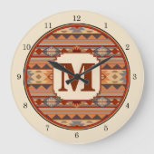 Southwestern Design Tan Monogram Große Wanduhr (Vorderseite)