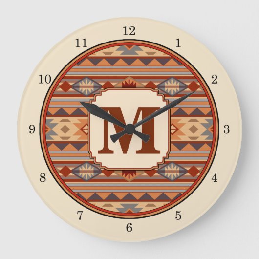 Southwestern Design Tan Monogram Große Wanduhr (Vorderseite)