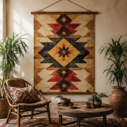 Southwestern Geometric Aztec Pattern Rust Red Gold Wandteppich Mit Holzrahmen