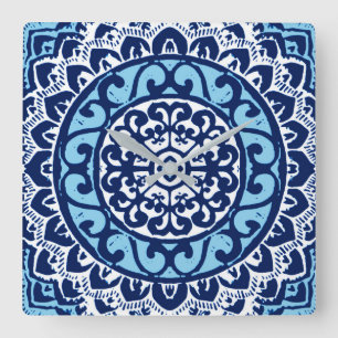 Southwestern Sun Mandala Batik, Navy Blue & White Quadratische Wanduhr