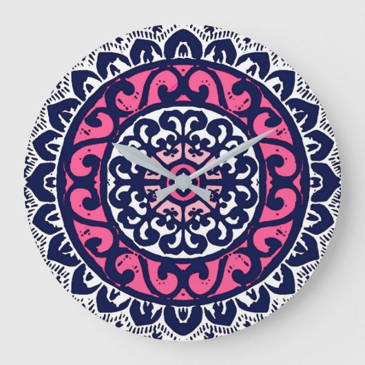 Southwestern Sun Mandala, Fuchsia, Navy & White Große Wanduhr (Vorderseite)