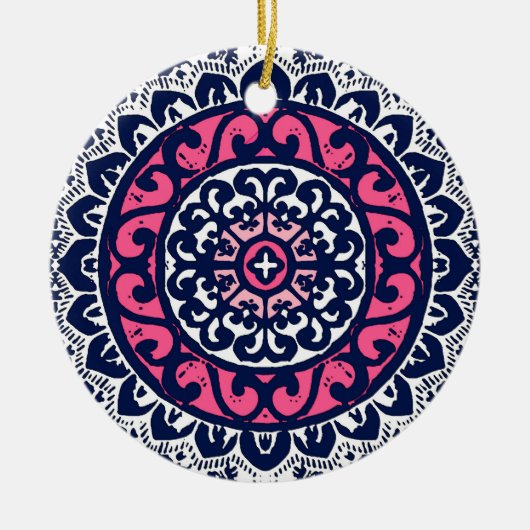 Southwestern Sun Mandala, Fuchsia, Navy & White Keramik Ornament (Vorne)