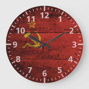 Soviet Union Flag on Old Wood Grain Große Wanduhr