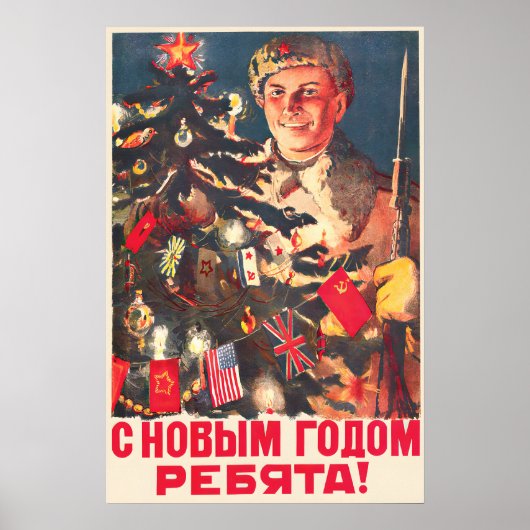 Sowjetisches WWII Frohes Neues Jahr Propagandaplak Poster (Vorne)