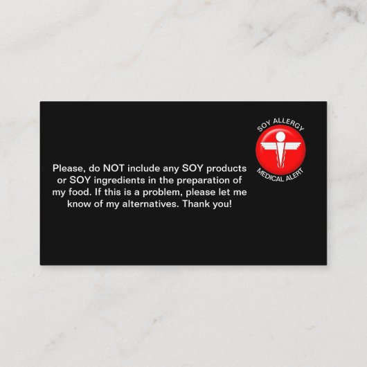 SOY Allergy Medical Alert Card Visitenkarte (Rückseite)
