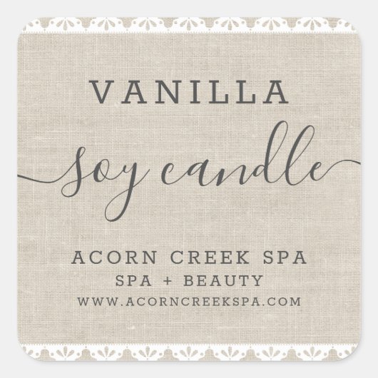 Soy Candle Label | Rustic Burlap Lace Quadratischer Aufkleber (Vorderseite)