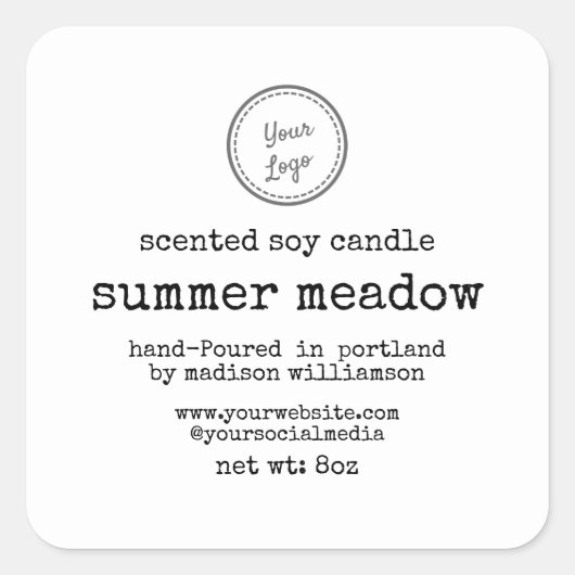 Soy Candle | Schreibmaschinentext |Logo hinzufügen Quadratischer Aufkleber (Vorderseite)