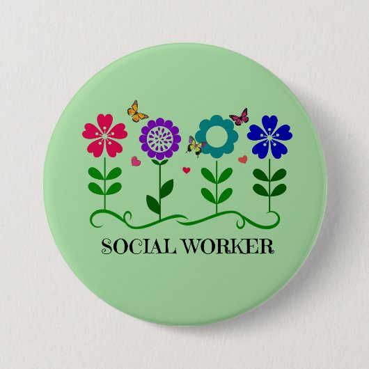 Sozialarbeiter... Blume, Herz, Schmetterlinge Button (Vorderseite)