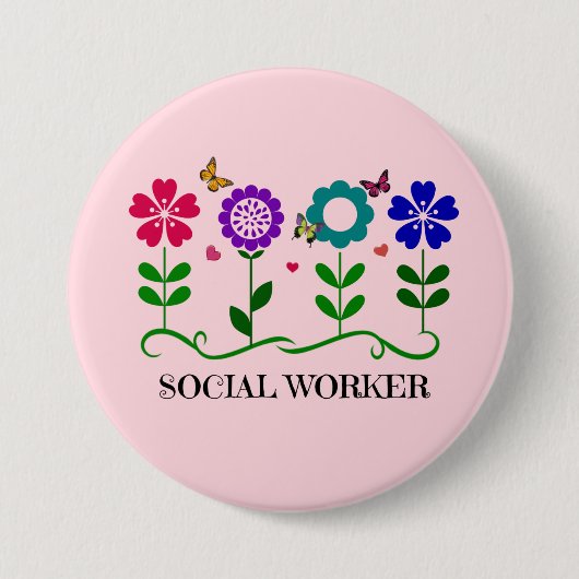 Sozialarbeiter... Blume, Herz, Schmetterlinge Button (Vorderseite)