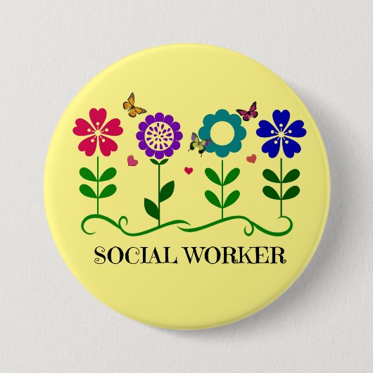 Sozialarbeiter... Blume, Herz und Schmetterlinge Button (Vorderseite)