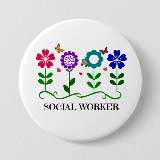 Sozialarbeiter... Blume, Herz und Schmetterlinge Button (Vorderseite)