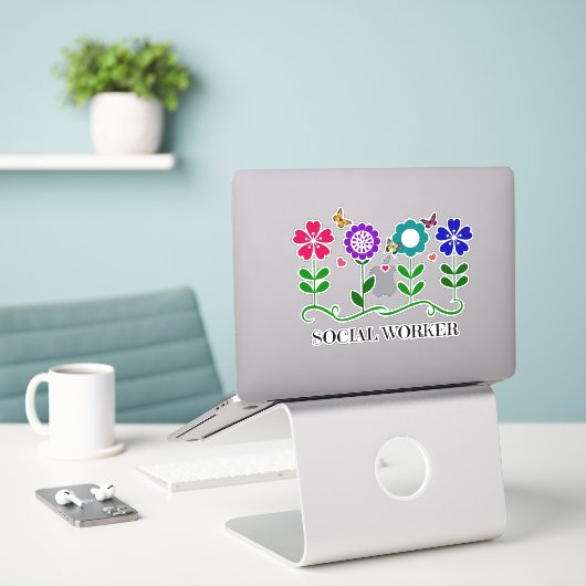 Sozialarbeiter, buntes Blumendesign, Aufkleber (Laptop auf Schreibtisch)