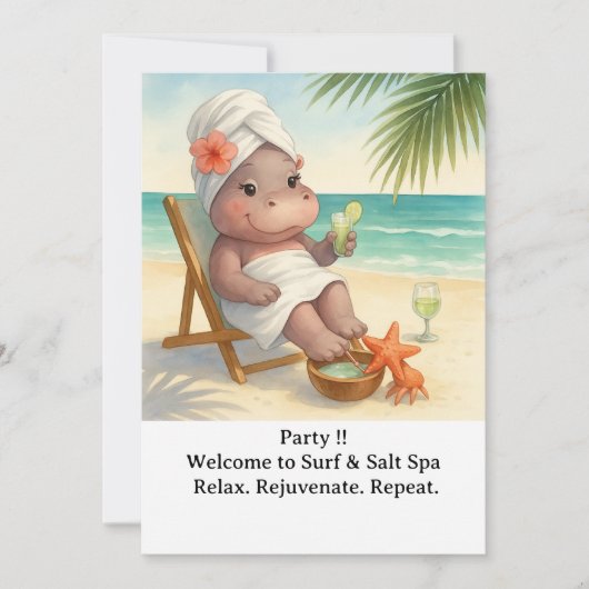 Spa by the beach with Hippo Invitation Einladung (Vorderseite)