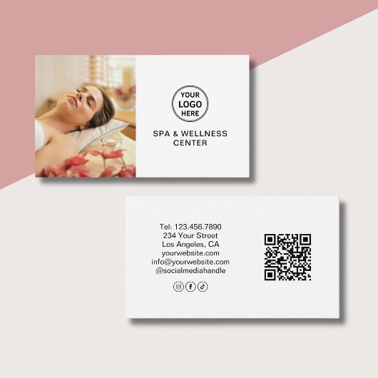 Spa Wellness Center Custom Logo Photo QR White Visitenkarte