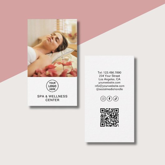 Spa Wellness Center Custom Logo Photo QR White Visitenkarte