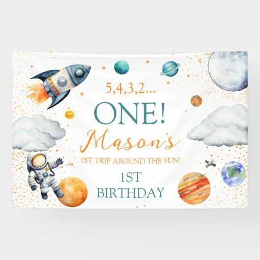 Space 1st Birthday Backdrop First Trip Around Sun Banner (Horizontal)