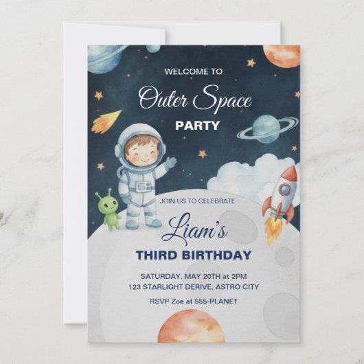 Space Adventure Astronaut Birthday Invitation Einladung (Vorderseite)