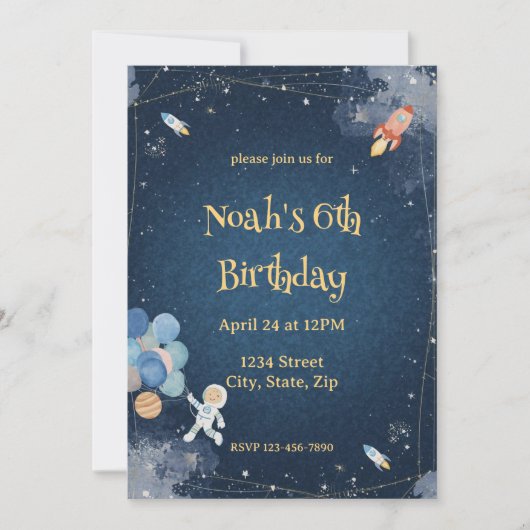  Space Adventure Birthday Invitation | Watercolor Einladung (Vorderseite)