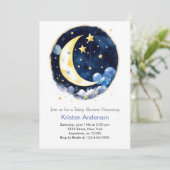 Space Adventure Moon and Stars Boy Baby Shower Einladung (Stehend Vorderseite)