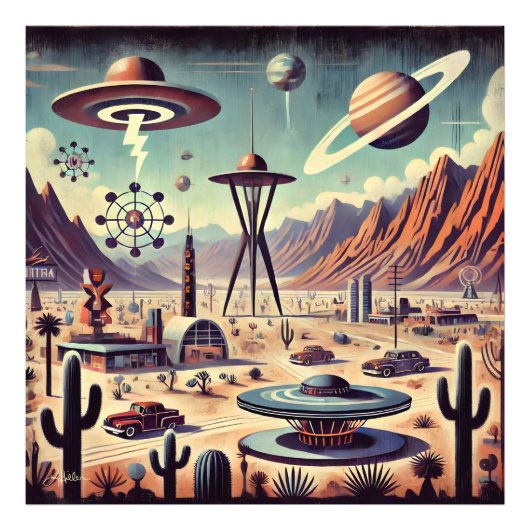 Space Age Alien Desert Invasion Fantasy Art Fotodruck (Vorne)