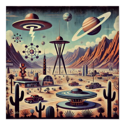 Space Age Alien Desert Invasion Fantasy Art Poster (Vorderseite)