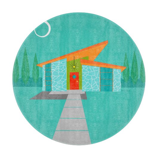 Space Age Cartoon House Glass Cutting Board Schneidebrett (Vorderseite)