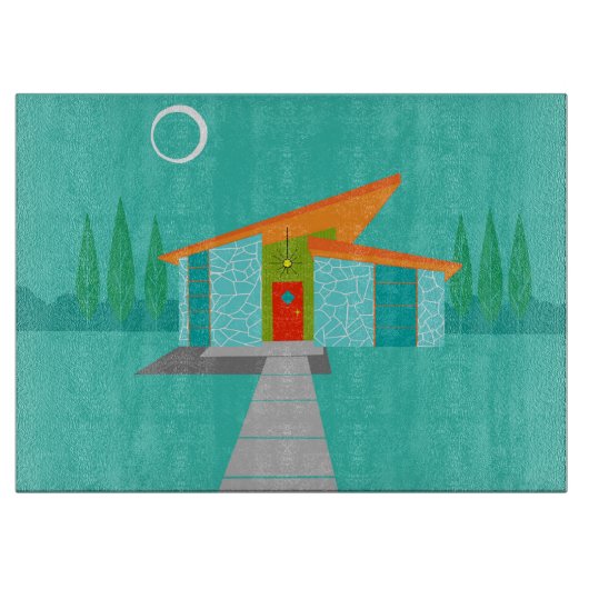 Space Age Cartoon House Glass Cutting Board Schneidebrett (Vorderseite)