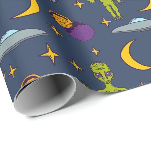 Space Aiens und Flying Saucers Sci-Fi Themed Geschenkpapier (Rolleneckpunkt)