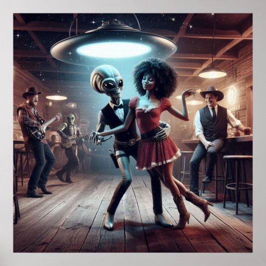 Space Alien Dancing, Cowgirl, Cowboys Watching ~ Poster (Vorne)